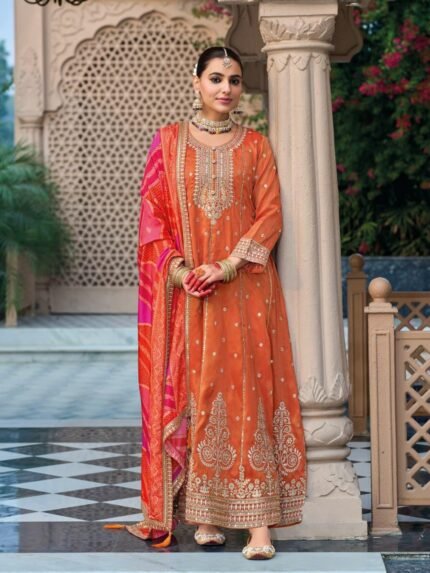 Simmer Silk Readymade Weddomg Wear Gown In Orange Color with Embroidery Work