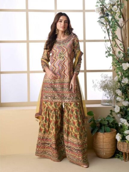 Pure Viscose natural Crepe Silk Party Wear Sharara Multi Color with Aari Work