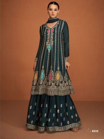 Heavy Silk Party Wear Sarara in Dark Grey Color with Embroidery Work
