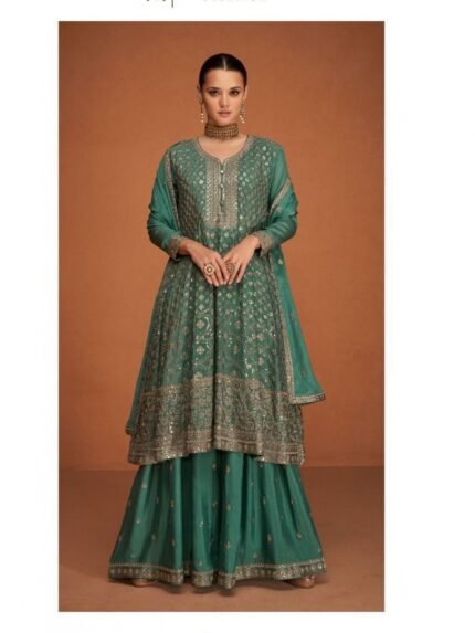 Heavy Silk Party Wear Sarara in Turquoise Color with Embroidery Work